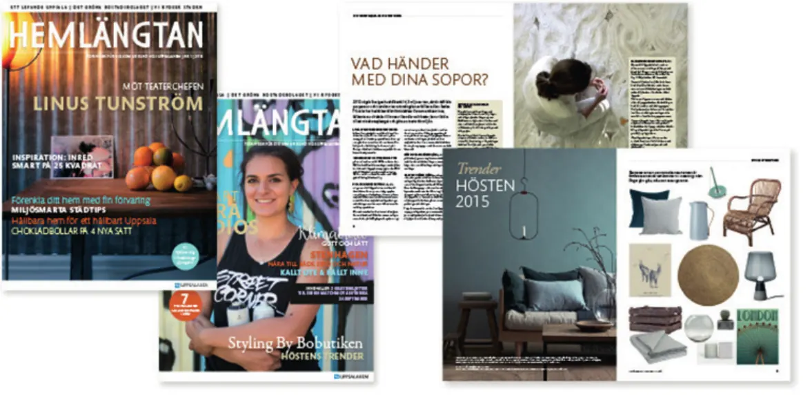 Omslag och uppslag ur kundtidningen Hemlängtan, bland annat ett inredningsuppslag om höstens trender.