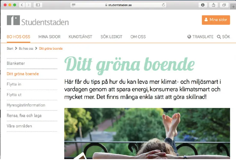 Skärmbild av Studentstadens webbplats med blågrön grafisk profil och fotografi av en student i Uppsala.