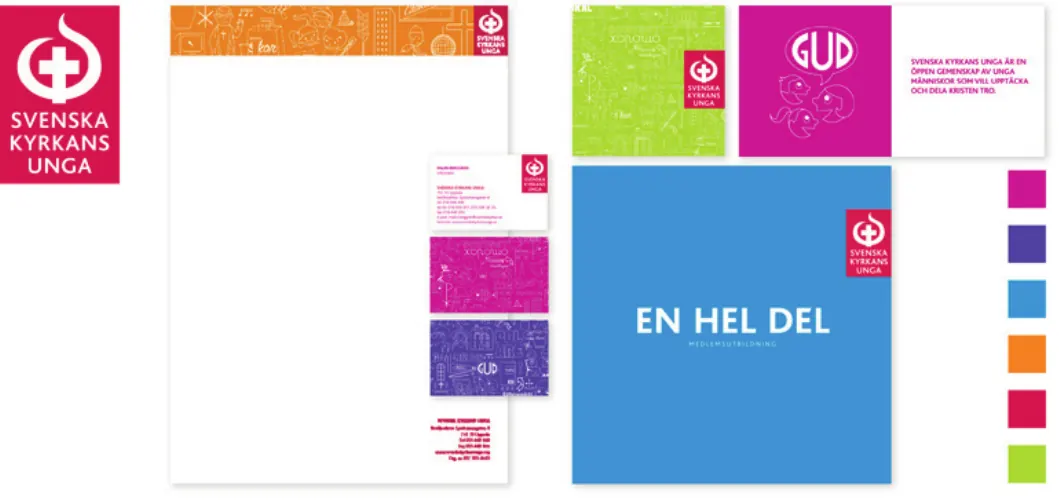 Svenska Kyrkans Ungas logotyp med brevpapper, visitkort och trycksaker i rosa, lila, blått och grönt.