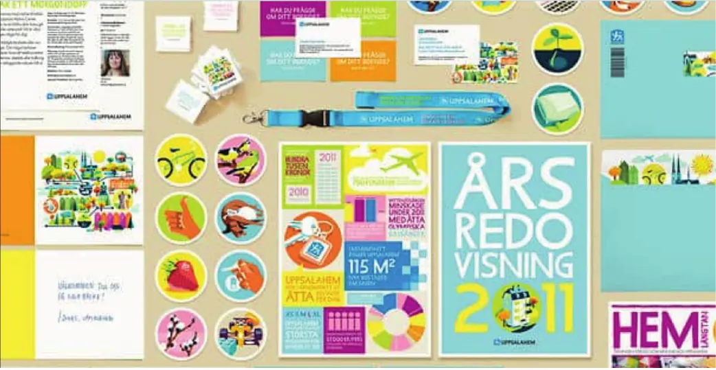 Kollage av Uppsalahems profilmaterial: årsredovisning, trycksaker, runda illustrationer och nyckelband i klara färger.